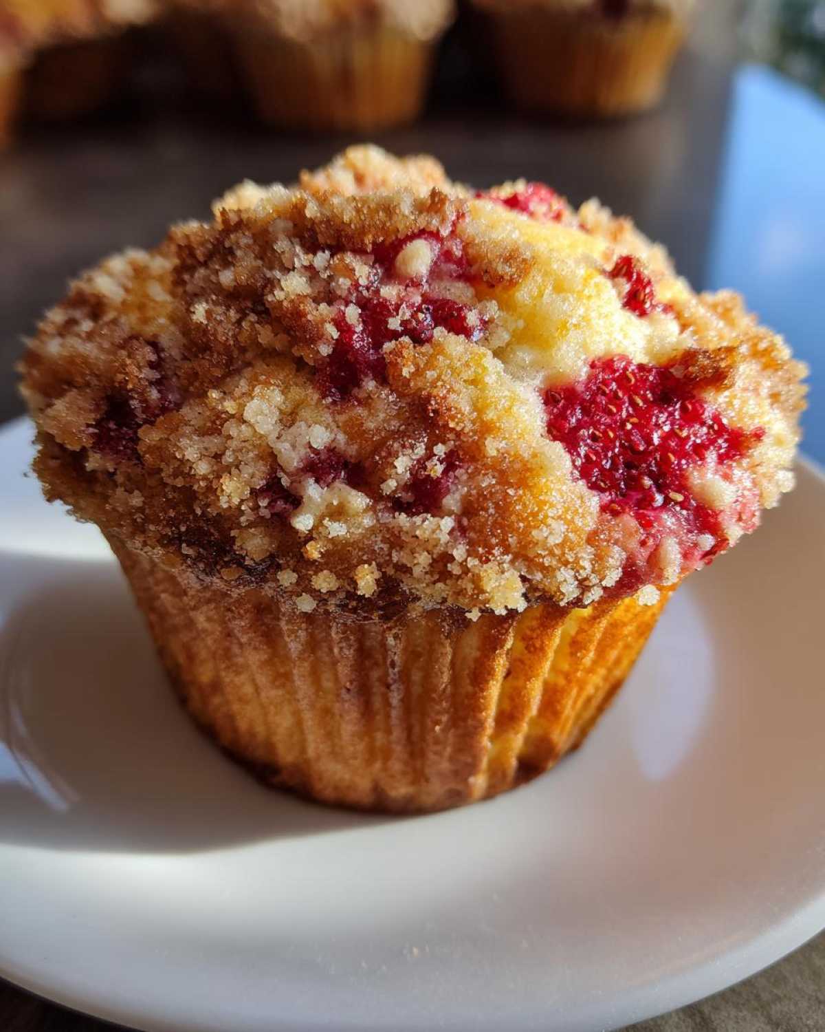 A close-up of a moist strawberry muffin topped with a golden brown streusel crumb topping.
