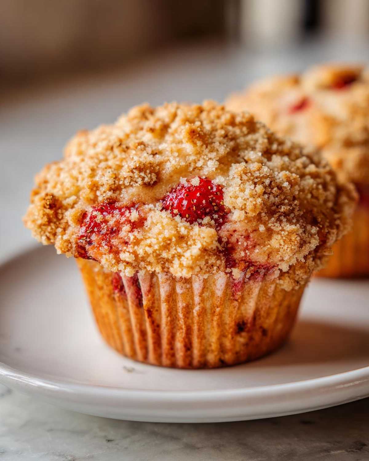 A close-up of a freshly baked strawberry muffin topped with golden streusel crumb topping.