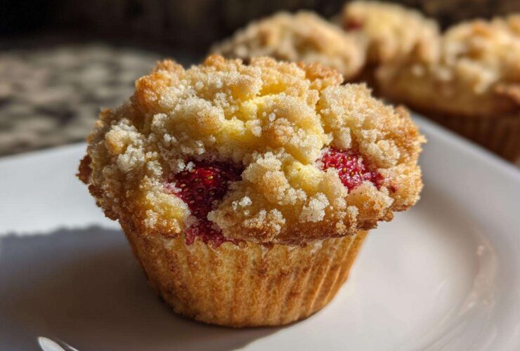 A close-up of a freshly baked strawberry muffins topped with golden streusel crumb topping, sitting on a white plate.