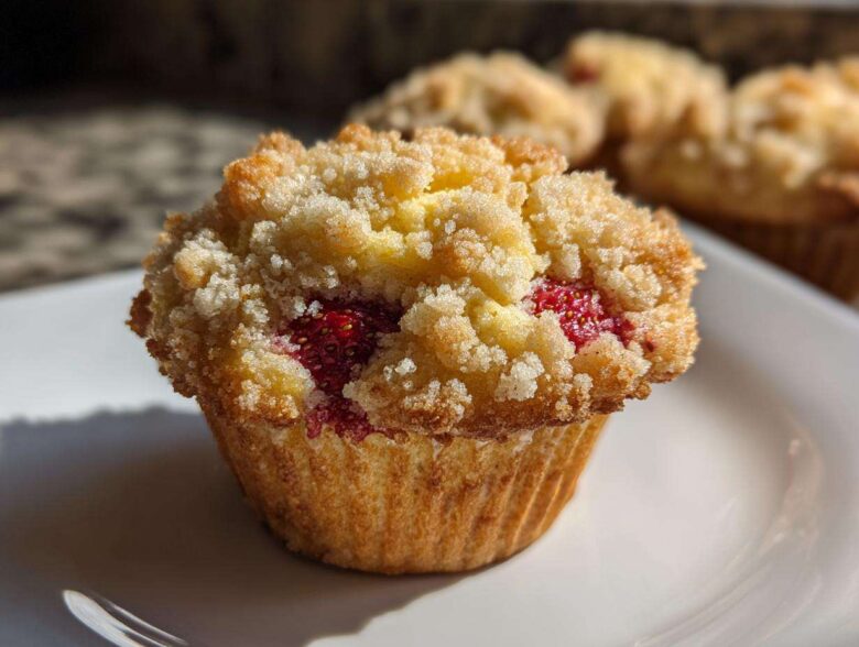 A close-up of a freshly baked strawberry muffins topped with golden streusel crumb topping, sitting on a white plate.