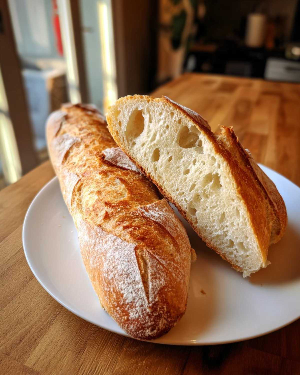 A golden-crusted french bread loaf, partially sliced to show the airy interior crumb structure, resting on a white plate.