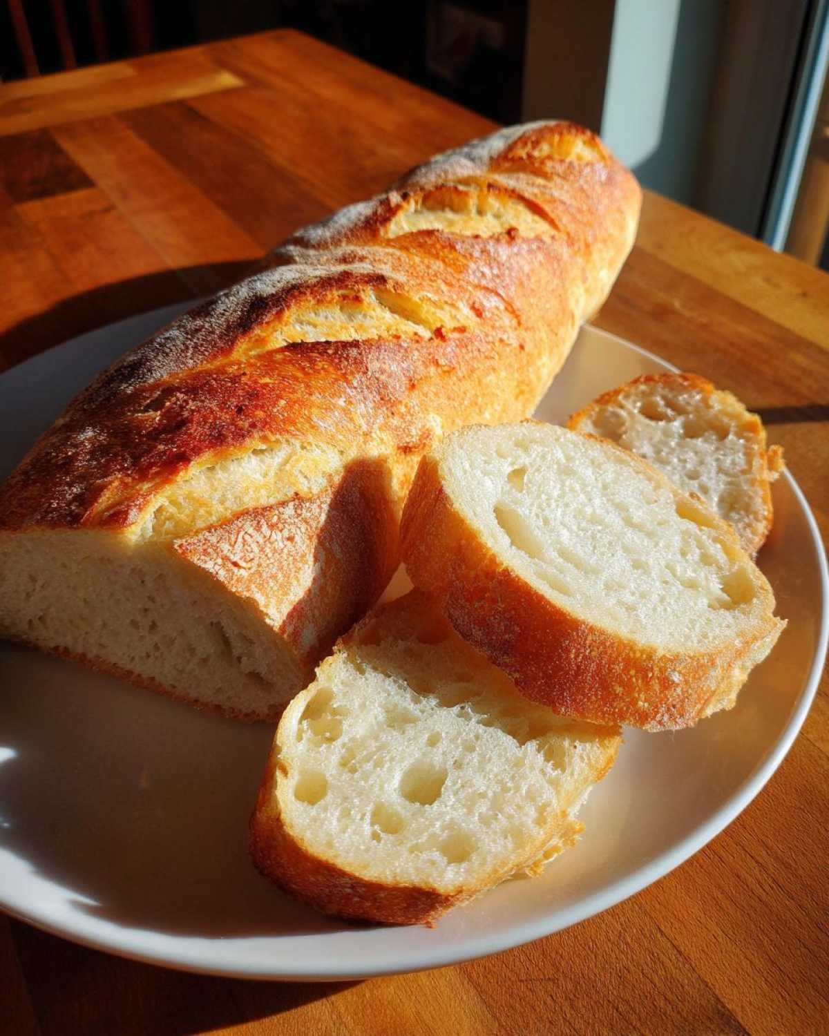 A freshly baked, crusty French bread loaf with several slices cut and displayed on a white plate.