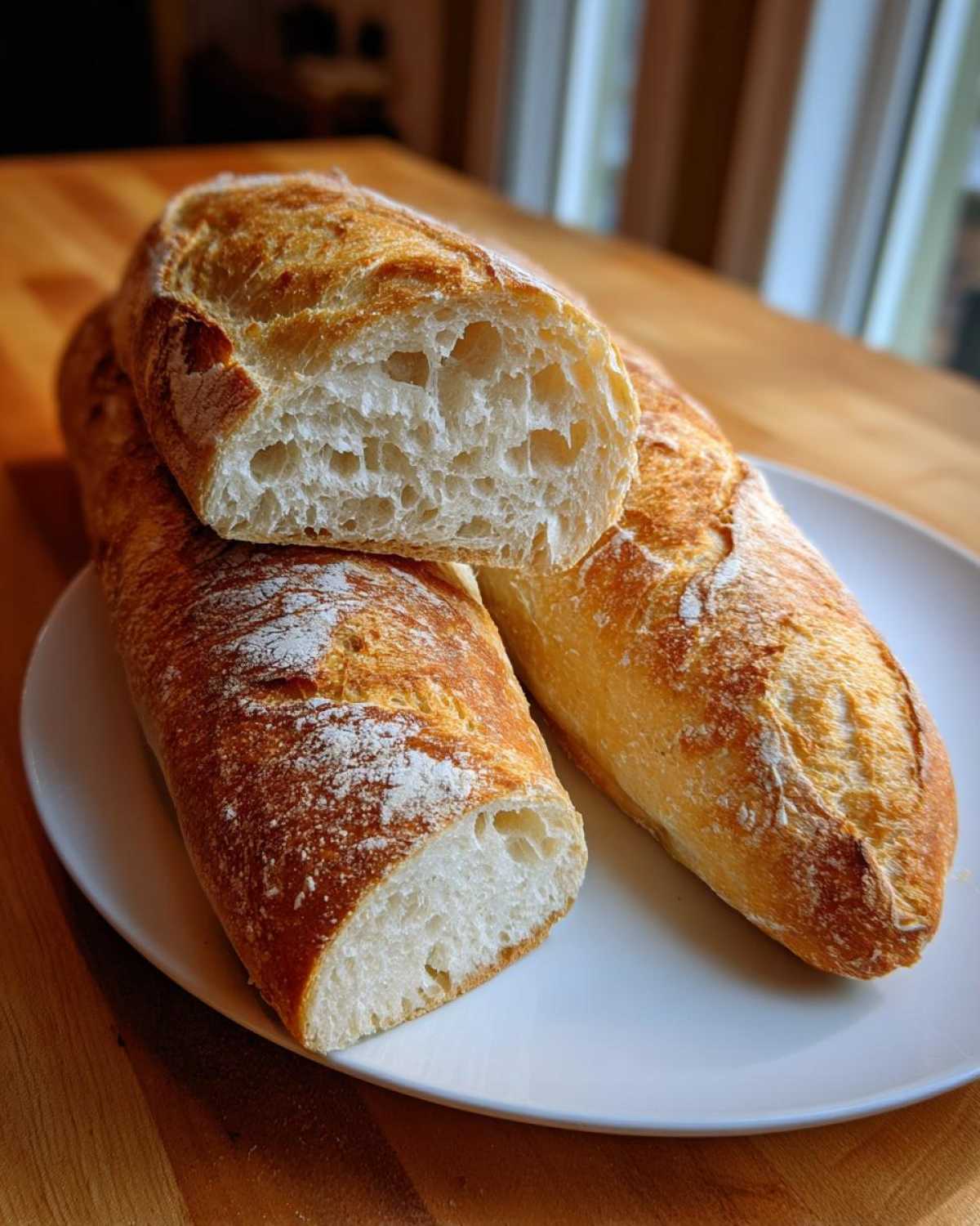 Three homemade french bread loaves on a white plate, one cut open to show the airy, soft interior crumb.