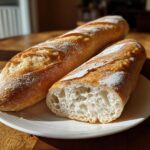 Two golden-brown loaves of homemade french bread resting on a white plate, one cut open to show the airy interior.