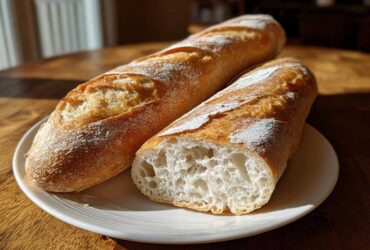 Two golden-brown loaves of homemade french bread resting on a white plate, one cut open to show the airy interior.