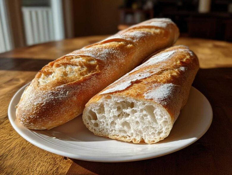 Two golden-brown loaves of homemade french bread resting on a white plate, one cut open to show the airy interior.