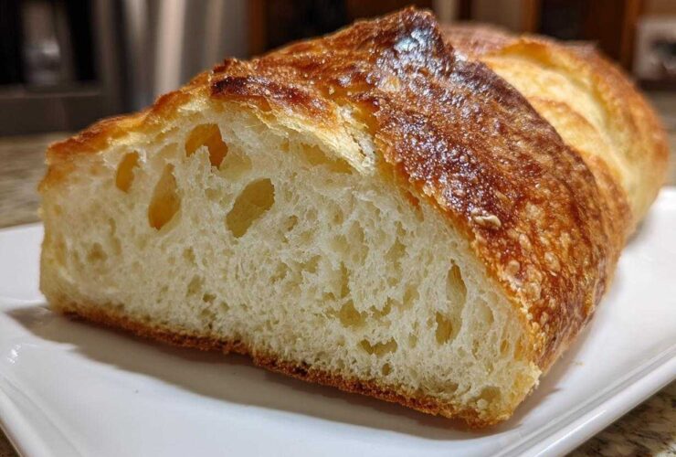 Close-up of a freshly baked Italian bread loaf, showing a golden-brown, crusty exterior and an open, airy crumb structure.