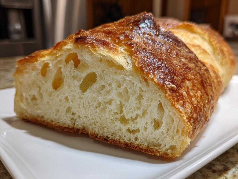 Close-up of a freshly baked Italian bread loaf, showing a golden-brown, crusty exterior and an open, airy crumb structure.