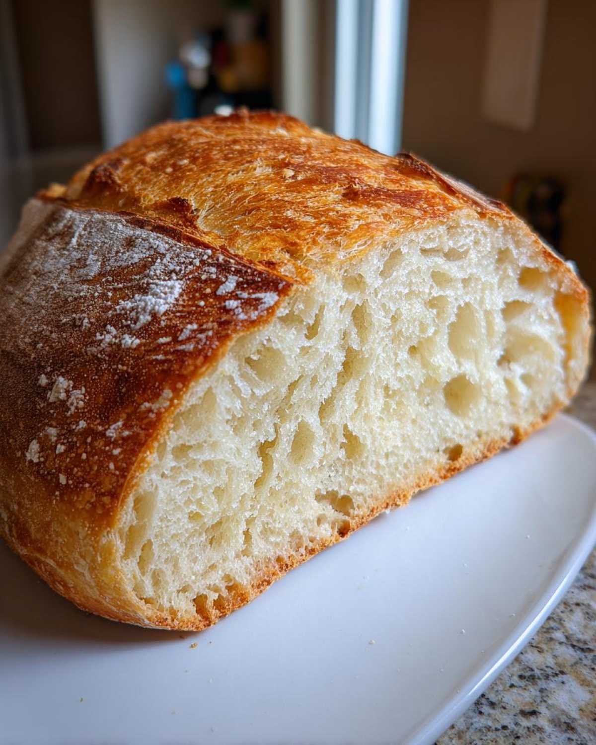 Close-up of a freshly baked Italian bread loaf cut in half, showing a golden crust and an open, airy crumb structure.