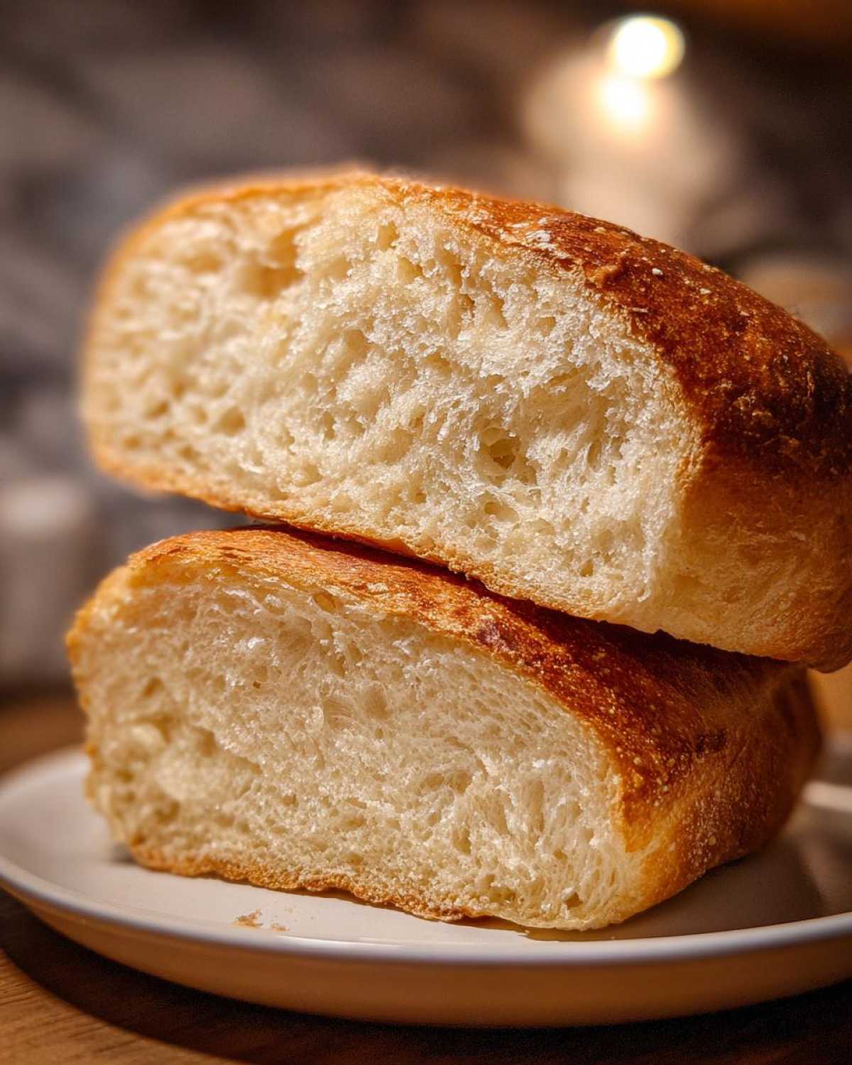 Close-up of two stacked slices showing the airy, open crumb structure of crusty Italian bread.