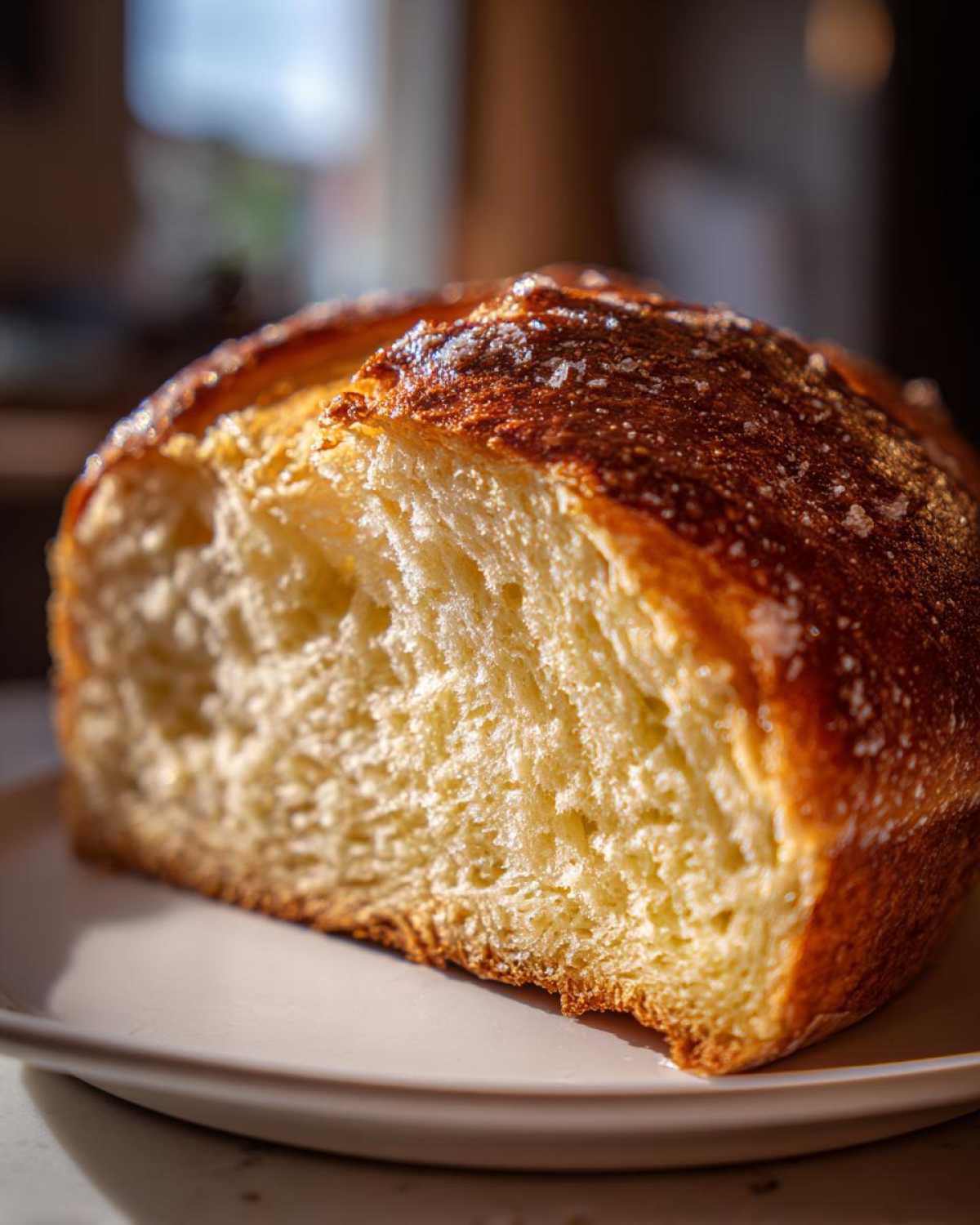 Close-up of a freshly baked Italian bread loaf slice showing a golden, shiny crust and soft, airy interior.
