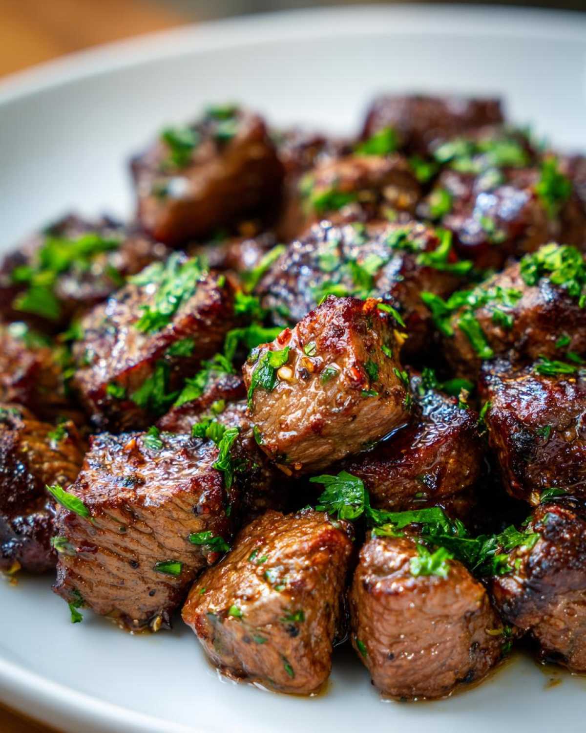 Close-up of tender, cubed crockpot steak pieces garnished generously with fresh chopped parsley and spices.