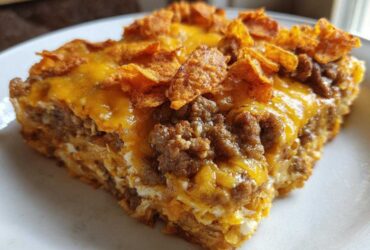 Close-up of a square serving of Dorito Casserole topped with melted cheese and crushed chips.