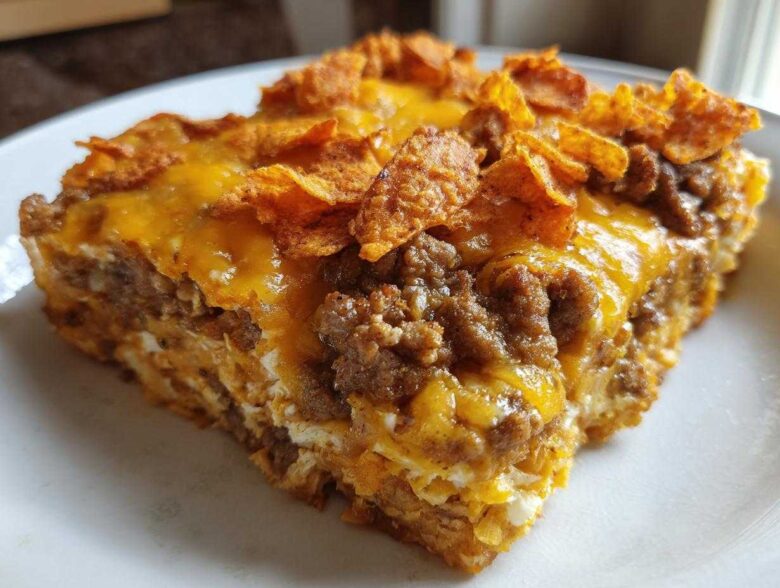 Close-up of a square serving of Dorito Casserole topped with melted cheese and crushed chips.