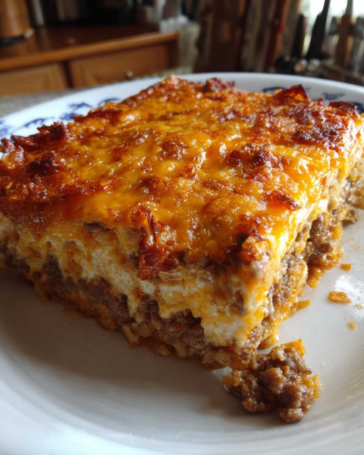 Close-up of a square slice of Dorito Casserole featuring layers of seasoned meat and a bubbly, browned cheddar cheese topping.