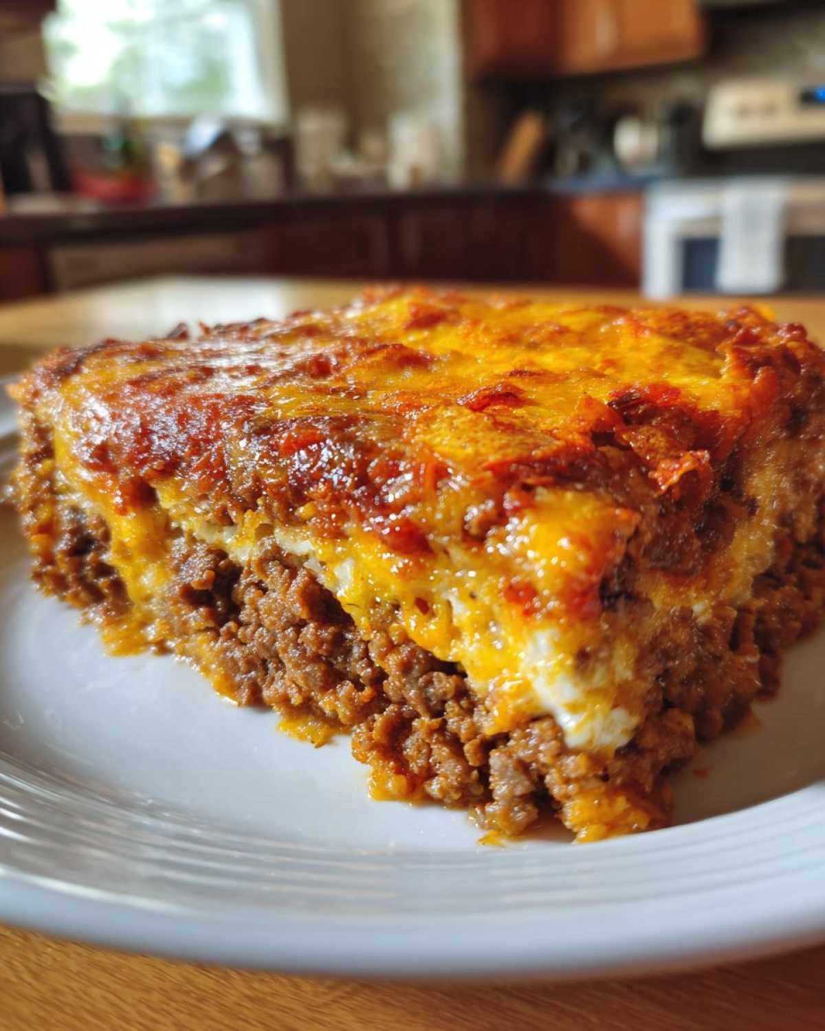 A close-up shot of a hearty, layered slice of Dorito Casserole featuring seasoned ground meat and a bubbly, melted cheese topping.
