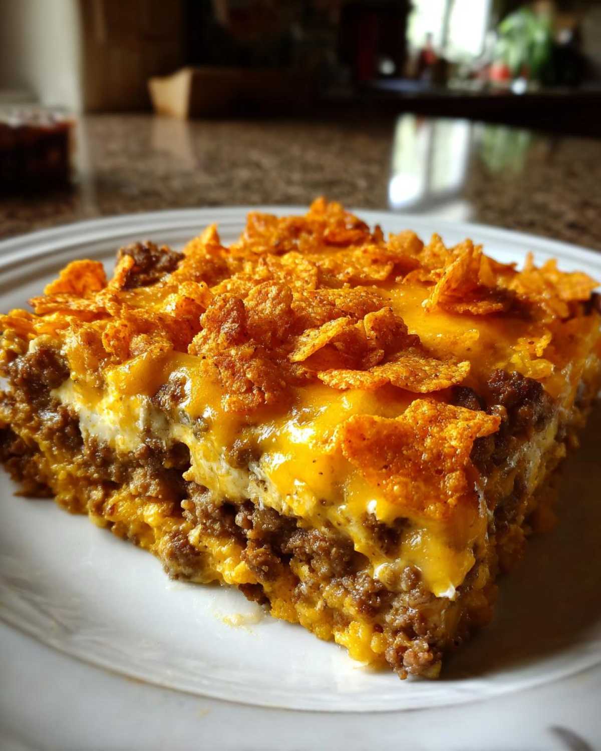 A close-up slice of Dorito Casserole featuring layers of seasoned ground beef, cheese, and a crunchy Dorito chip topping.