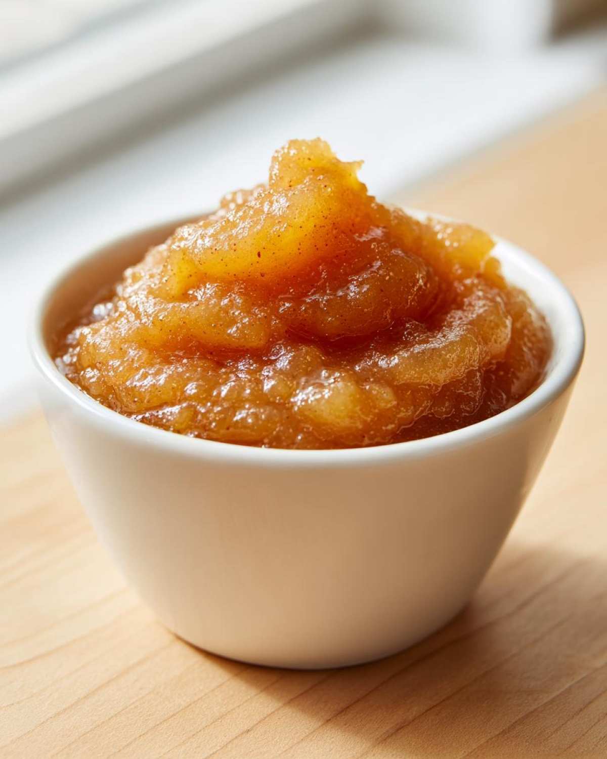 Close-up of chunky, spiced homemade applesauce mounded high in a small white bowl.