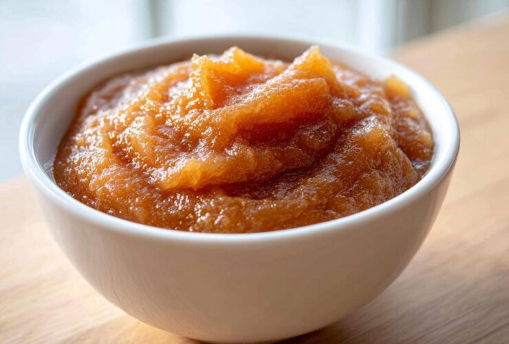 A close-up shot of rich, textured homemade applesauce served in a small white bowl on a wooden surface.