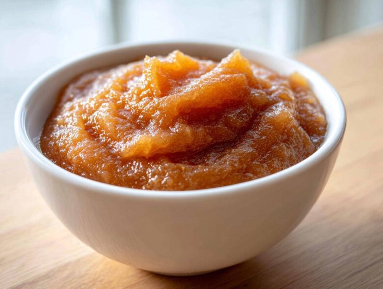 A close-up shot of rich, textured homemade applesauce served in a small white bowl on a wooden surface.