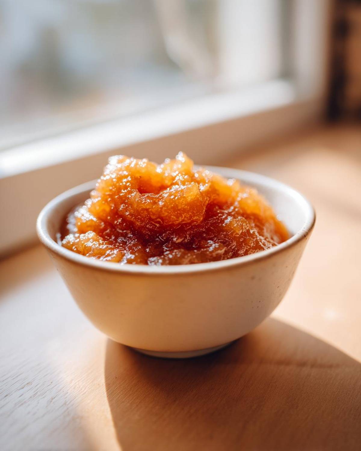 Close-up of chunky, amber-colored homemade applesauce served in a small white bowl on a wooden surface.