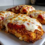 A close-up of a baked, breaded cutlet topped with marinara sauce and melted mozzarella cheese, representing Easy Chicken Parmesan.
