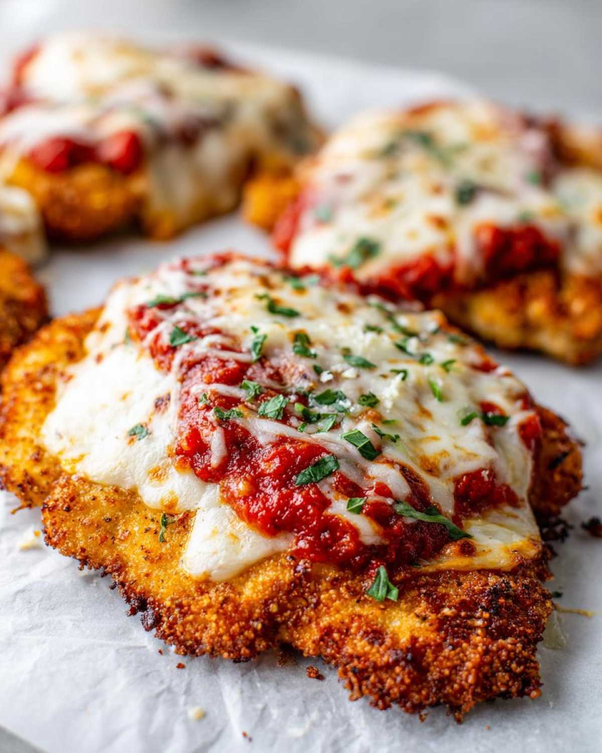 A close-up of a golden-brown, breaded cutlet topped with marinara sauce and melted mozzarella cheese, representing Easy Chicken Parmesan.