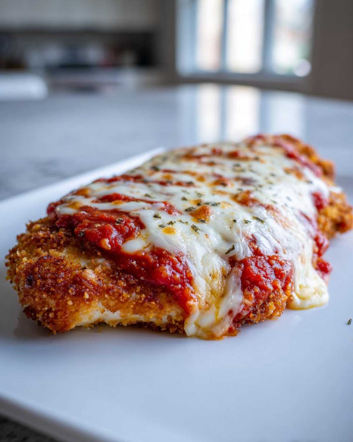 A close-up of a golden-brown, breaded cutlet topped with melted mozzarella and rich marinara sauce for Easy Chicken Parmesan.