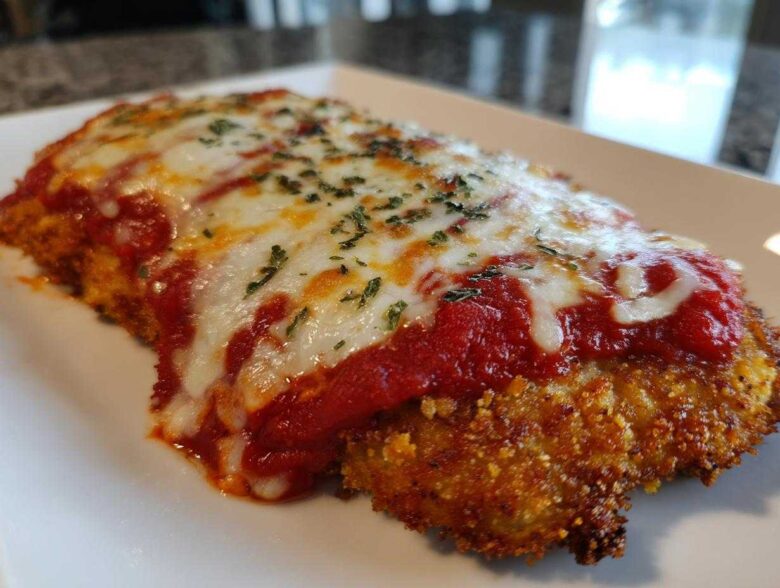 Close-up of a baked, breaded cutlet topped with marinara sauce and melted mozzarella for easy chicken Parmesan.