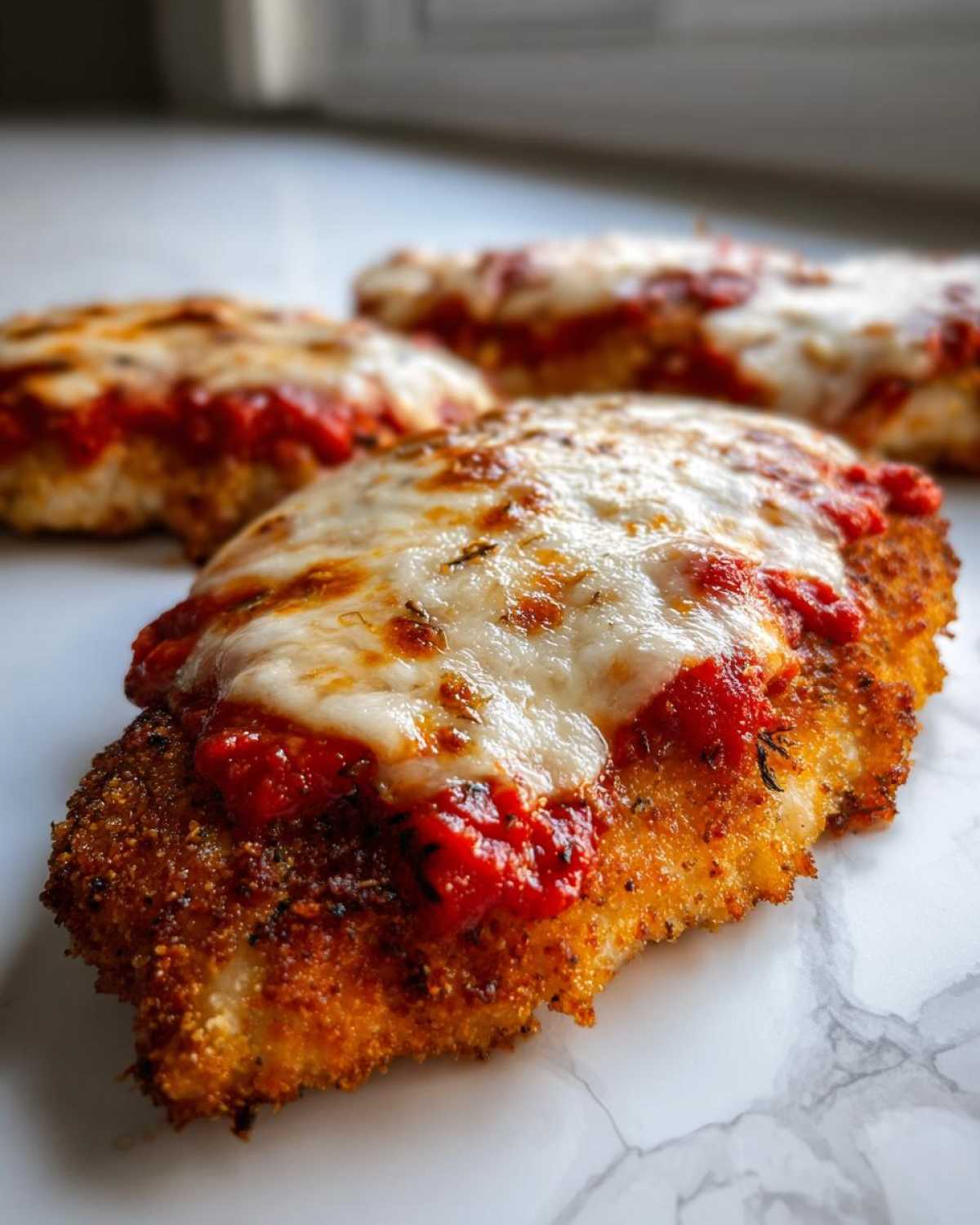 Close-up of a golden, breaded cutlet topped with marinara sauce and melted mozzarella cheese, representing Easy Chicken Parmesan.