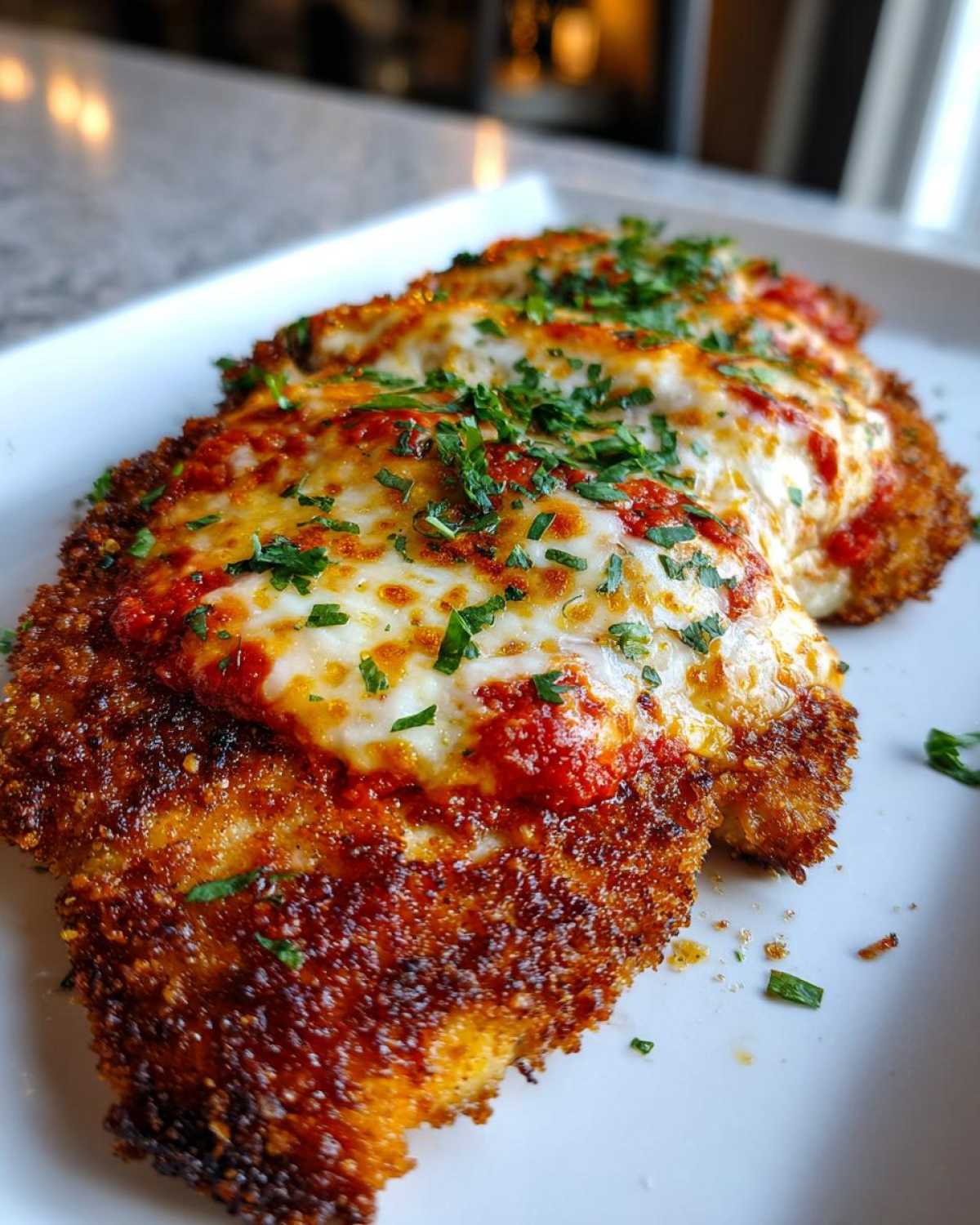 Close-up of three baked Easy Chicken Parmesan cutlets topped with melted mozzarella, marinara sauce, and fresh parsley.