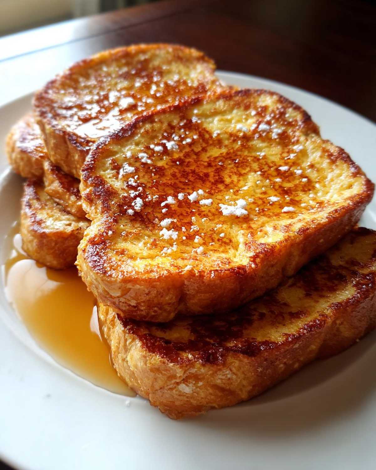 A stack of golden brown easy french toast slices drizzled with syrup and dusted with powdered sugar.