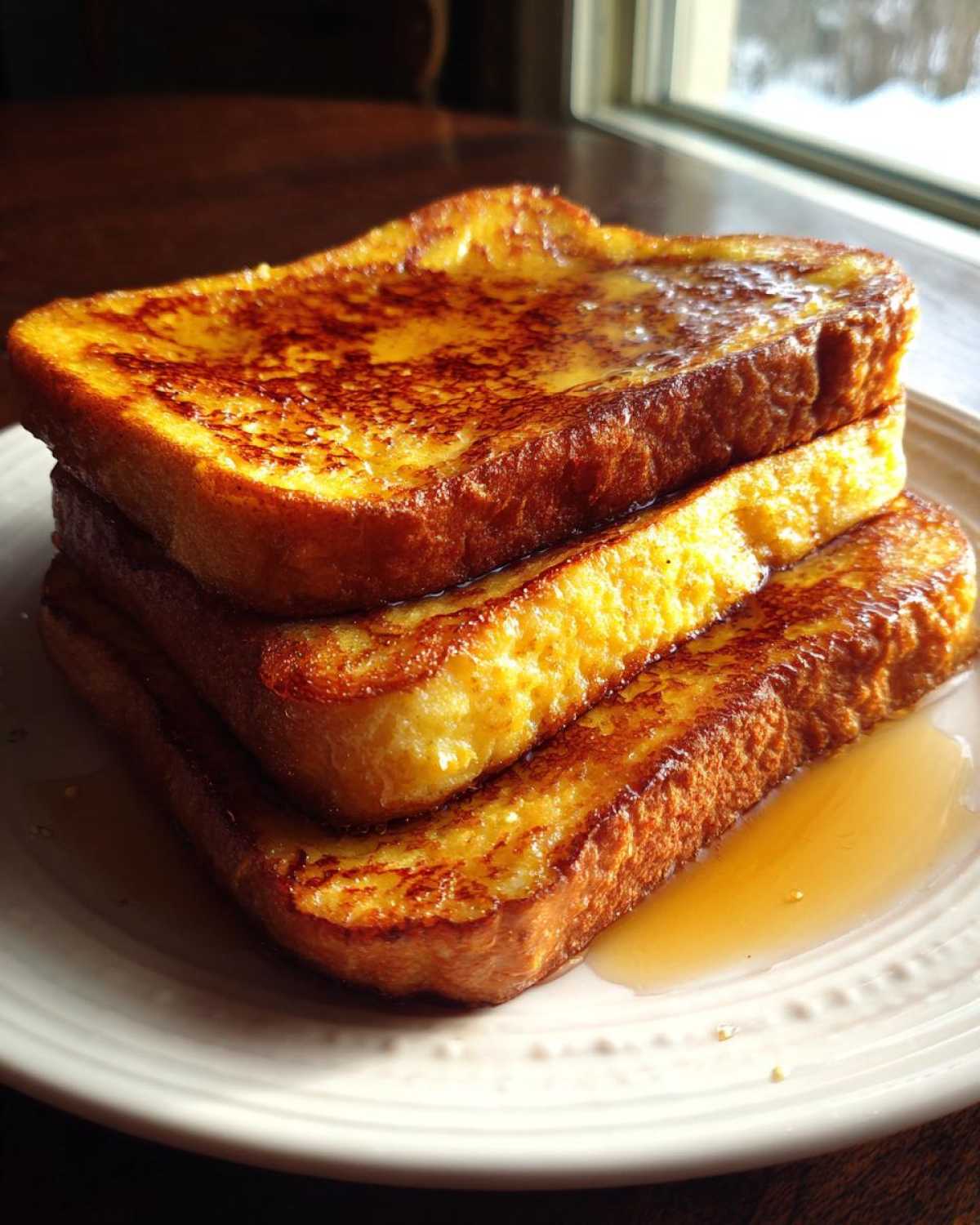 A stack of three slices of golden brown easy french toast drizzled with syrup on a white plate.