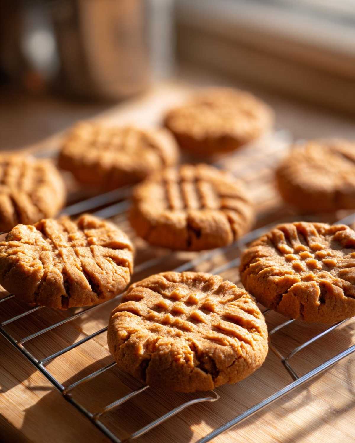 Close-up of several Easy Peanut Butter Cookies with classic crosshatch fork marks cooling on a wire rack.