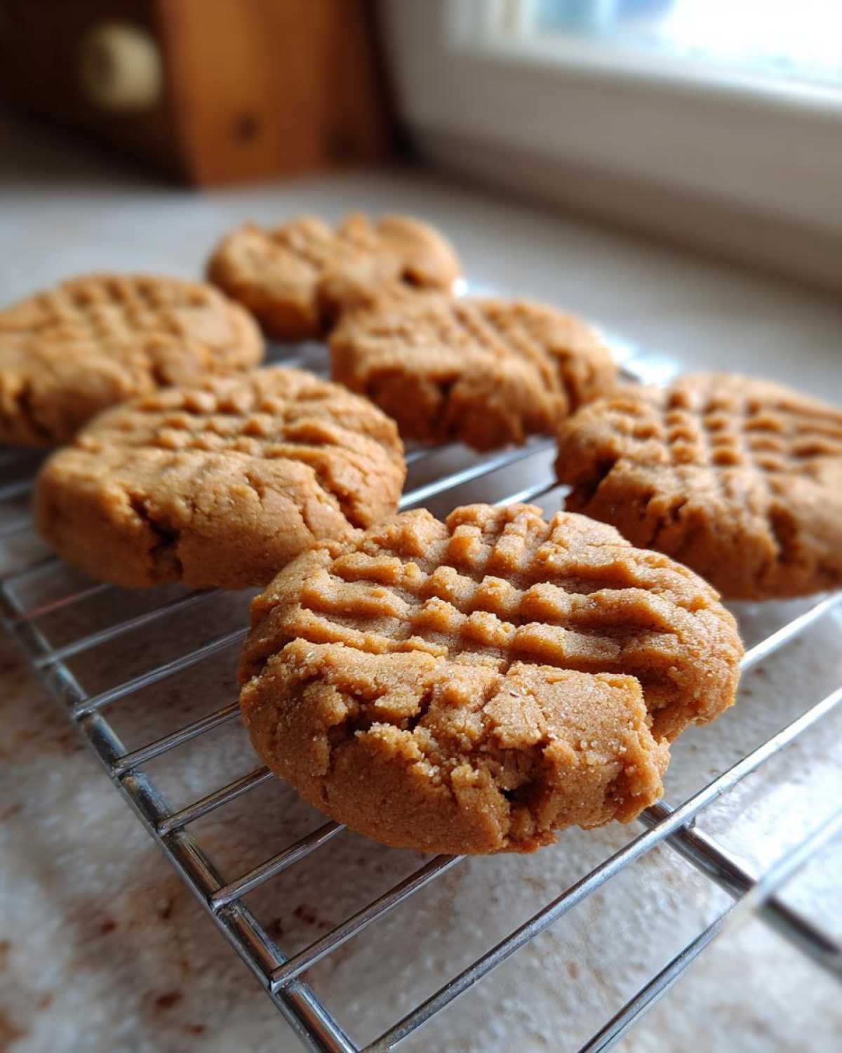 Close-up of several Easy Peanut Butter Cookies cooling on a wire rack with fork marks visible.