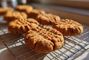 Close-up of several freshly baked Easy Peanut Butter Cookies cooling on a wire rack in natural sunlight.