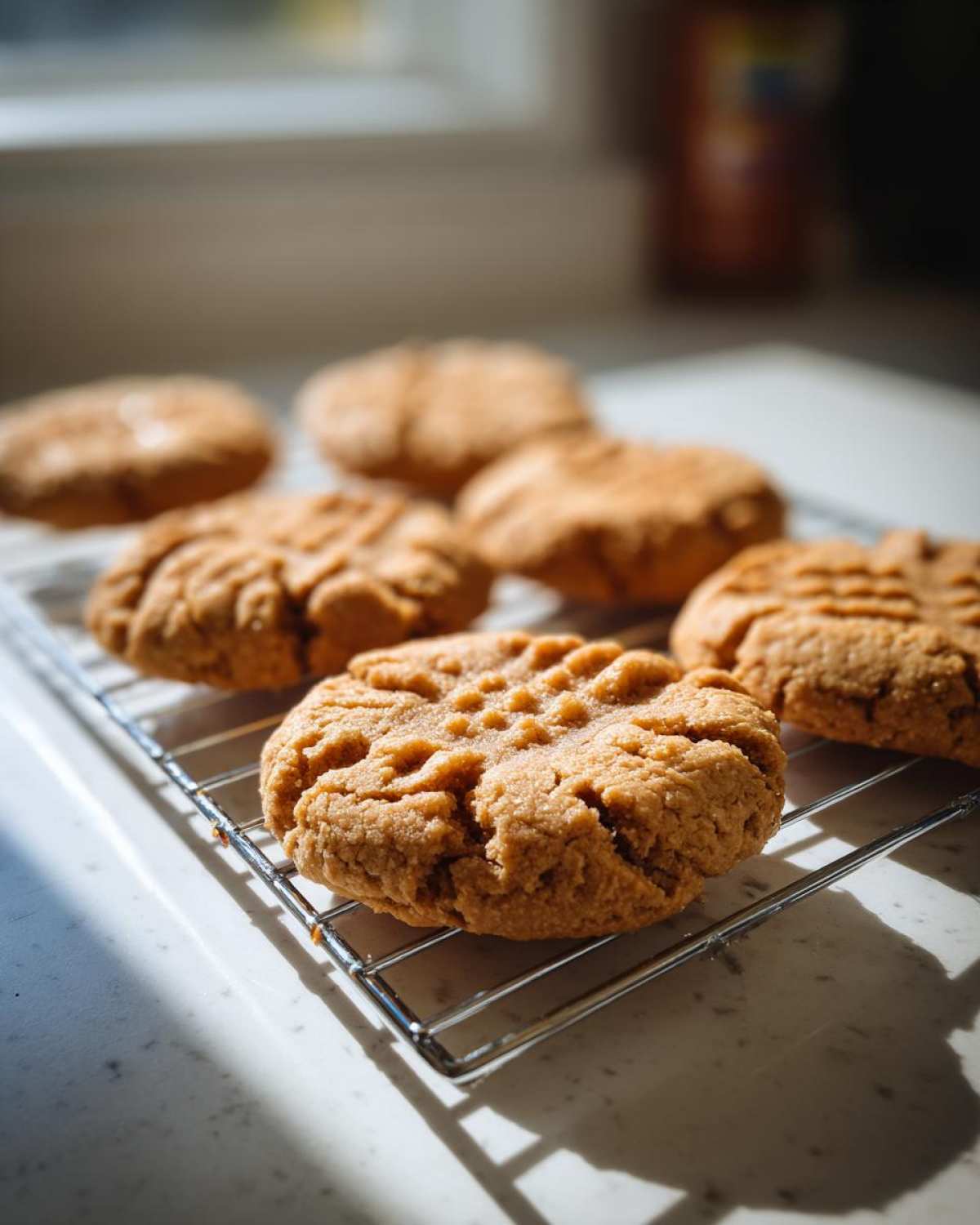 Close-up of freshly baked Easy Peanut Butter Cookies with fork marks cooling on a wire rack.