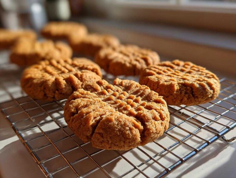 Close-up of several freshly baked Easy Peanut Butter Cookies cooling on a wire rack in natural sunlight.