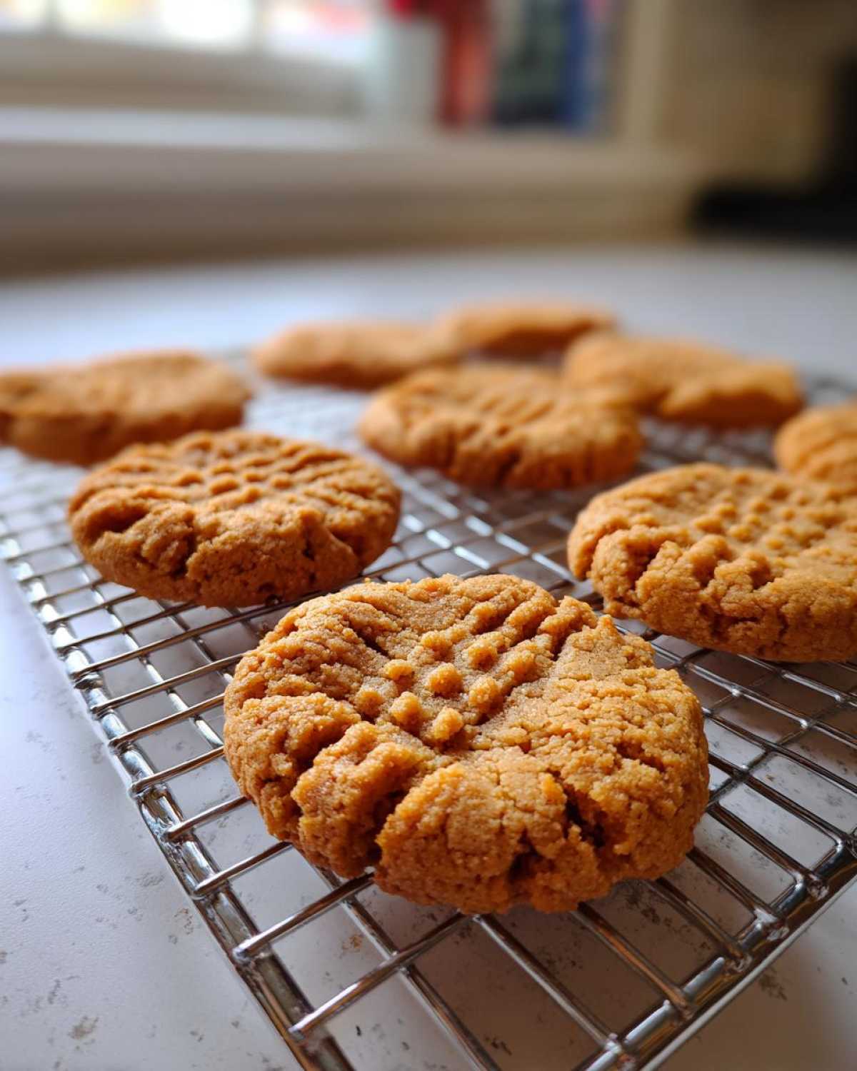 Close-up of several freshly baked Easy Peanut Butter Cookies cooling on a wire rack, showing classic crosshatch fork marks.