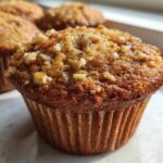 A close-up, featured image of a freshly baked banana nut muffin topped with chopped walnuts, with more muffins blurred in the background.