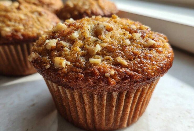 A close-up, featured image of a freshly baked banana nut muffin topped with chopped walnuts, with more muffins blurred in the background.