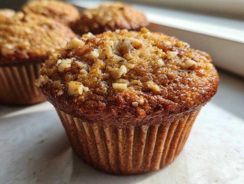 A close-up, featured image of a freshly baked banana nut muffin topped with chopped walnuts, with more muffins blurred in the background.