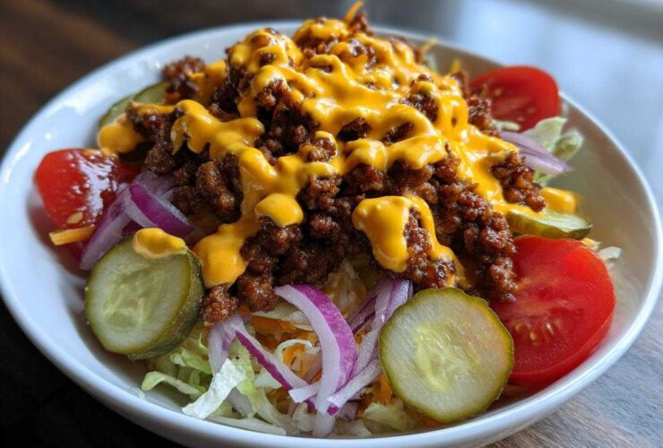 A close-up view of a vibrant cheeseburger bowl featuring seasoned ground beef, melted cheese sauce, pickles, tomatoes, and red onion over lettuce.