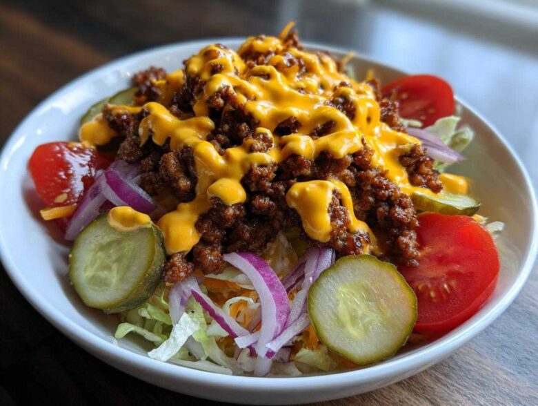 A close-up view of a vibrant cheeseburger bowl featuring seasoned ground beef, melted cheese sauce, pickles, tomatoes, and red onion over lettuce.
