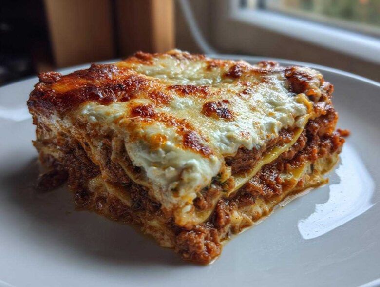 A thick, layered slice of zucchini lasagna featuring rich meat sauce and a bubbly, browned cheese topping.