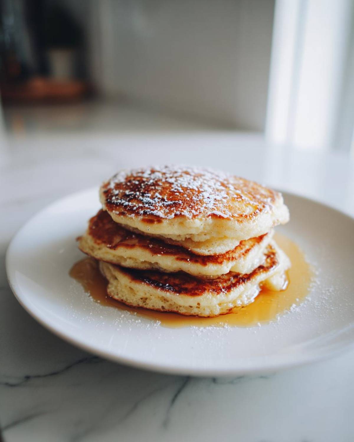 A stack of three fluffy almond flour pancakes drizzled with syrup and dusted with powdered sugar on a white plate.