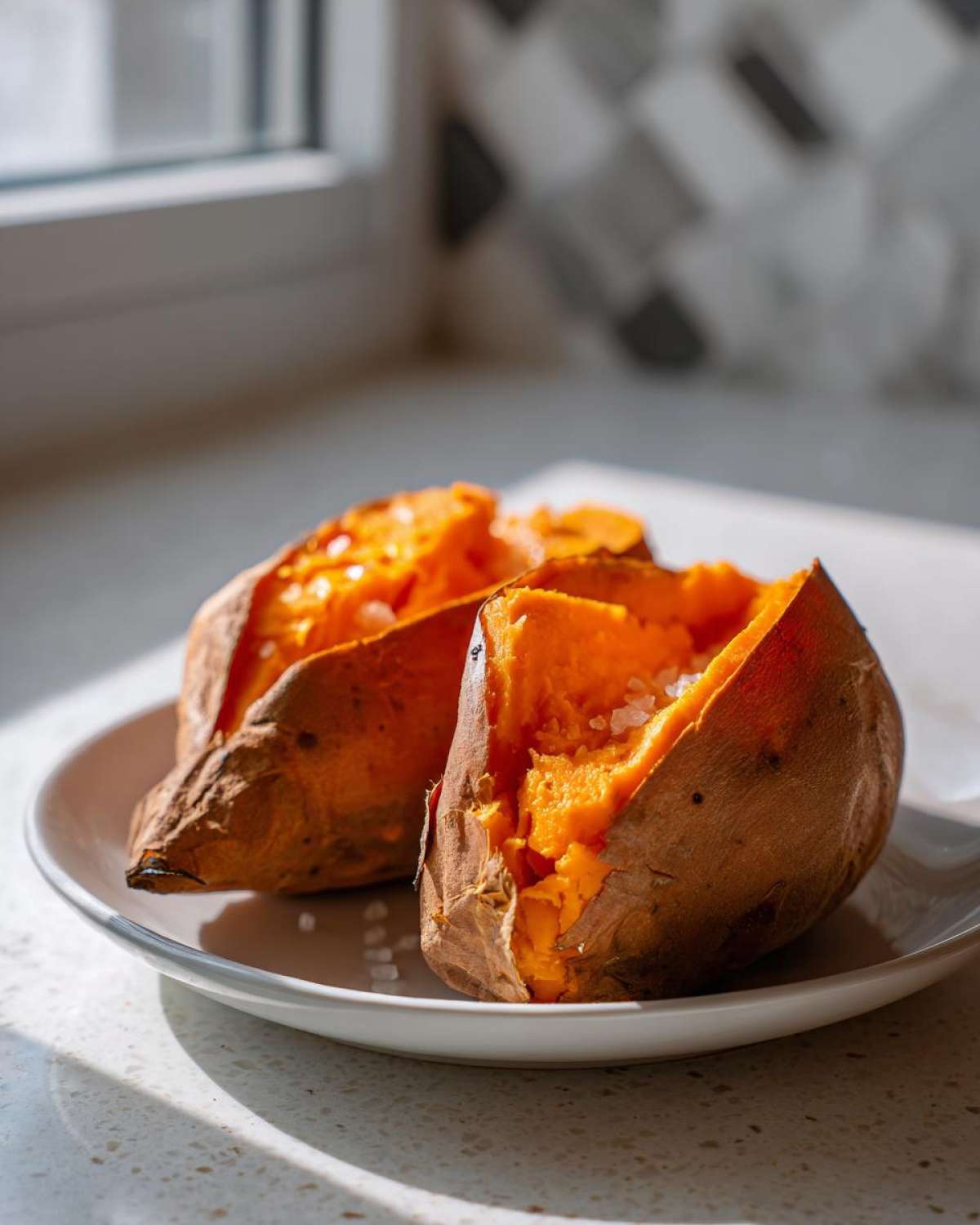 Two halves of a fluffy baked sweet potato sprinkled with coarse sea salt on a white plate.