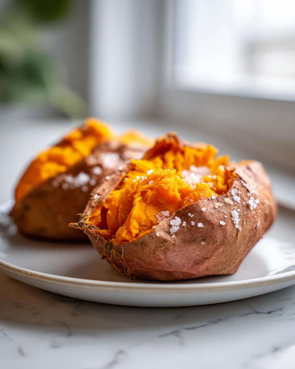 Close-up of a fluffy baked sweet potato, split open and topped with coarse sea salt flakes.