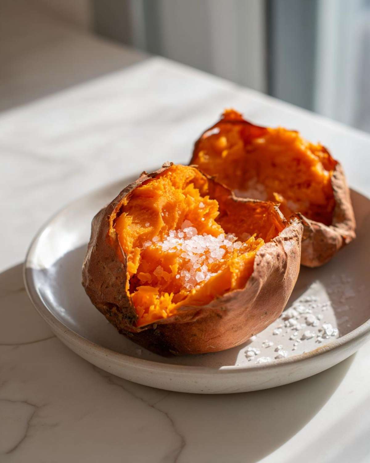 A fluffy baked sweet potato split open and topped with coarse sea salt flakes.