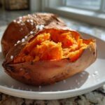 Close-up of a fluffy baked sweet potato, split open, sprinkled with coarse sea salt.